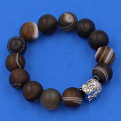 Vòng đeo tay Mã Não Nâu Sọc mờ 14 ly cẩn hạt Phật A Di Đà inox bạc VMNNSMNLT14 - hợp mệnh Kim, mệnh Thổ