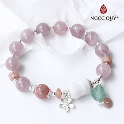 Vòng đá thạch anh hồng madagascar phối charm bạc mệnh hỏa, thổ - Ngọc Quý Gemstones