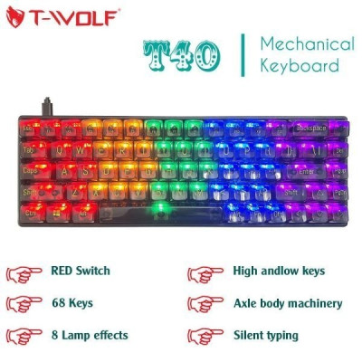 KEYBOARD T-WOLF T40 Phím cơ Red Switch trong suốt (ĐỎ/VÀNG/ĐEN) (68 Red Switch Keys, 8 Lamb effects, Silent, USB, 160cm) - Hàng chính hãng