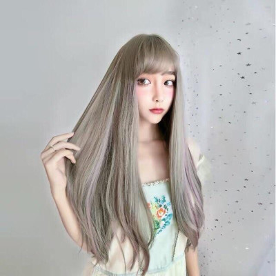 Tóc giả nguyên đầu thẳng xám light hồng cao cấp- tặng lưới chùm tóc