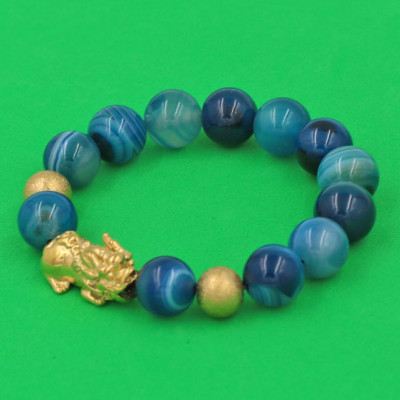 Vòng đeo tay Thạch Anh Xanh Biển Sọc 12 ly - cẩn Tỳ Hưu Phong Thủy inox vàng VTAXBSTHHBV12 - hợp mệnh Mộc, mệnh Thủy