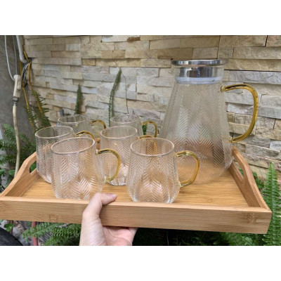 Bộ bình + 6 cốc sần họa tiết lá lúa