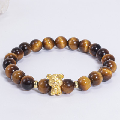 Vòng Tay Phong Thủy Đá Mắt Hổ Vàng Nâu Phối Charm Tuổi Dần Bạc Mạ Vàng 24K (8mm) Mệnh Thổ, Kim Ngọc Quý Gemstones