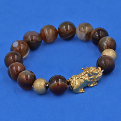 Vòng chuỗi đeo tay Mã Não Nâu 12 ly - cẩn Tỳ Hưu Phong Thủy inox vàng VMNNTHHBV12 - hợp mệnh Kim, mệnh Thổ