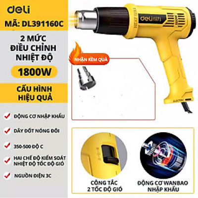 Máy Khò Nhiệt Khò Hơi Nóng Deli Cao Cấp Công Suất Cao 2000W - Co Màng Cơ Đóng Gói Hàng Hóa - Khò Thực phẩm - Sơn Tường