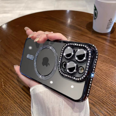 Ốp lưng cho iphone 15 pro max sạc từ tính đính đá vòng kim tuyến rất đẹp - hàng chính hãng 