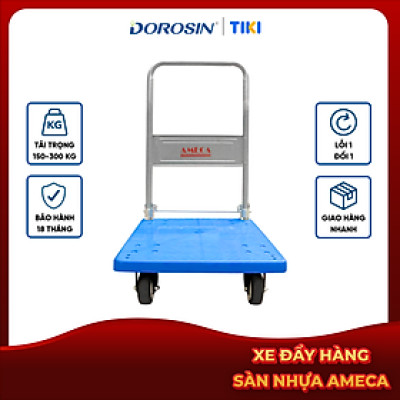 Xe Đẩy Hàng 4 Bánh Ameca HAM-300P- Sàn nhựa, Khung Thép, Giảm ồn, Gấp gọn, tải trọng 300kg - bảo hành 12 tháng