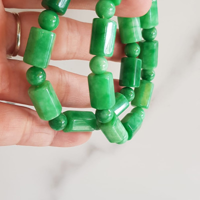 Vòng đeo tay nữ đá cẩm thạch xanh mix kiểu hạt ống vuông dài tròn size 10mm Nữ mệnh mộc hỏa thủy đeo xinh may mắn ạ