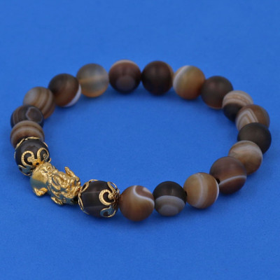 Vòng chuỗi đeo tay Mã Não Nâu Sọc Mờ 8 ly - cẩn Tỳ Hưu Phong Thủy inox vàng VMNNSMTHHKV8 - hợp mệnh Kim, mệnh Thổ