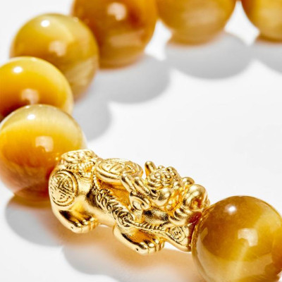 Vòng Tay Phong Thủy Đá Mắt Hổ Vàng Tâm Phối Charm Tỳ Hưu Mạ Vàng 24K (12mm) Mệnh Thổ, Kim Ngọc Quý Gemstones