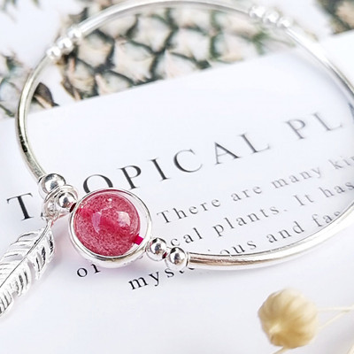 Vòng đôi đá thạch anh dâu phối charm lá bạc mệnh hỏa, thổ - Ngọc Quý Gemstones