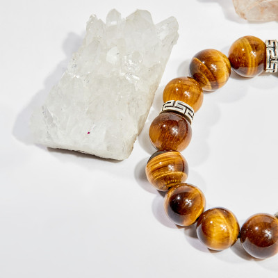 Vòng tay phong thủy đá mắt hổ vàng nâu charm bạc 12mm mệnh thổ , kim - Ngọc Quý Gemstones