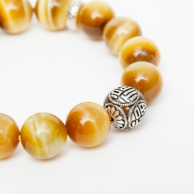 Vòng tay đá thạch anh mắt hổ vàng tâm phối charm tròn bạc 13mm mệnh thổ, kim - Ngọc Quý Gemstones