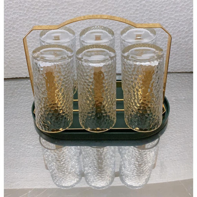 Combo 6 cốc ống  thủy tinh uống nước chịu nhiệt cao cấp vân sần kèm giá úp cốc có khay hứng nước ngọng vàng