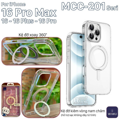 Ốp lưng cho iPhone 16 Pro Max - 16 Pro - 16 Plus - 16 hiệu WI WU MCC-201 nhựa cứng trong viền dẻo + vòng nam châm kiêm giá đỡ - Hàng chính hãng