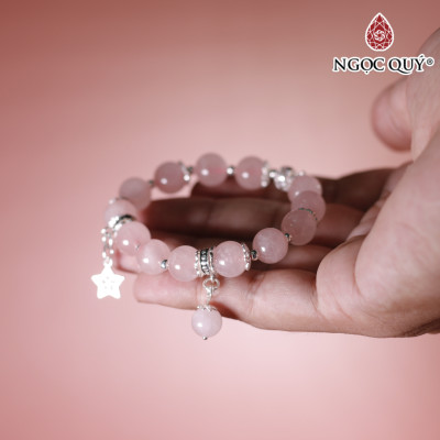Vòng tay đá thạch anh hồng mix charm bạc hạt 10mm mệnh hỏa, thổ - Ngọc Quý Gemstones