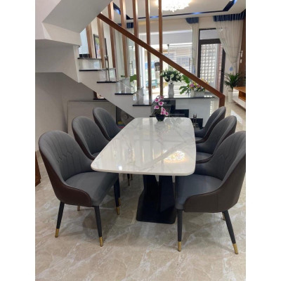 Bộ bàn ăn chân X 1m6 + 6 ghế Monet có tay mặt đá ceramic  Thương hiệu Nội Thất Bình Long 