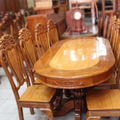 Bàn ăn căm xe mặt gõ hình oval , BỘ bàn ăn 6 ghế , bộ bàn ăn gỗ cao cấp