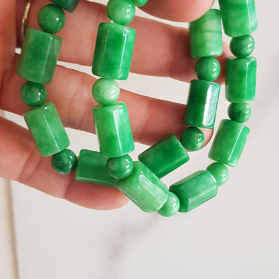 Vòng đeo tay nữ đá cẩm thạch xanh mix kiểu hạt ống vuông dài tròn size 10mm Nữ mệnh mộc hỏa thủy đeo xinh may mắn ạ