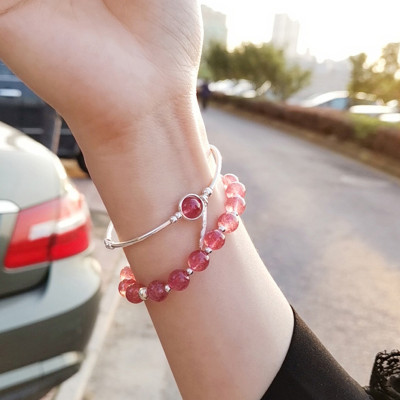 Vòng đôi đá thạch anh dâu phối charm lá bạc mệnh hỏa, thổ - Ngọc Quý Gemstones