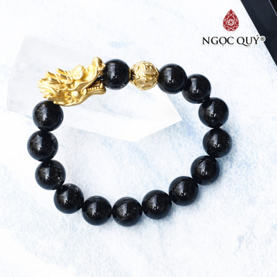 Vòng thạch anh tóc đen 12mm phối charm rồng bạc mạ vàng 24k mệnh thủy, mộc - Ngọc Quý Gemstones
