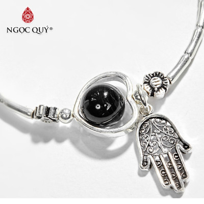 Vòng Tay Bạc 1 Hạt Đá Obsidian Phối Charm Bàn Tay Hamsa Bạc Mệnh Thủy, Mộc - Ngọc Quý Gemstones
