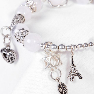 Vòng Tay Đá Thạch Anh Ưu Linh Trắng Phối Charm Trái Tim Bạc Ngọc Quý Gemstones