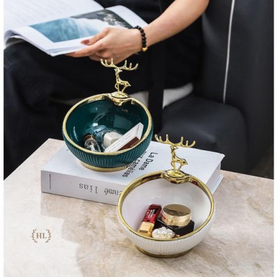 Bát Sứ Đựng Kẹo Phụ Kiện Decor 2022 | Âu Sứ Decor Kẻ Vàng Kim Vân Nổi Hình Hươu Mạ Vàng ( Hàng Có Sẵn )