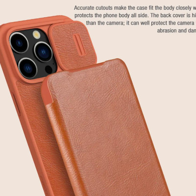 Bao da dành cho iPhone 15 Pro Max, 15 Pro hàng chính hãng Nillkin QIN có nắp trượt bảo vệ camera - Hàng nhập khẩu