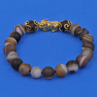 Vòng chuỗi đeo tay Mã Não Nâu Sọc Mờ 8 ly - cẩn Tỳ Hưu Phong Thủy inox vàng VMNNSMTHHKV8 - hợp mệnh Kim, mệnh Thổ