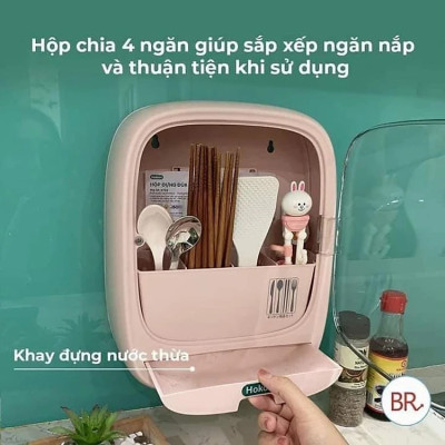 ( MẪU MỚI ) Hộp Đựng Đũa Thìa Treo Tường, Bốn Ngăn Tiện Dụng Có Nắp Đậy Hít Từ, Kín Chống Côn Trùng Kháng Khuẩn Dán Tường Siêu Chắc Chắn - Hàng Việt Nam Xuất Khẩu Chất Lượng Cao 