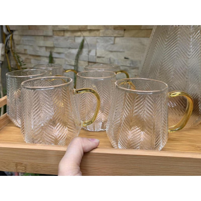 Bộ bình + 6 cốc sần họa tiết lá lúa