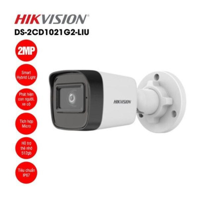 Camera IP HIKVISION thân trụ DS-2CD1021G2-LIU phân giải 2MP, Tích hợp Microm  lên đến 20m, chống bụi nước ,.-Hàng chính hãng