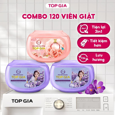 Viên giặt xả quần áo thơm lâu TopGia 3in1, hương hoa hồng và lavender, giặt sạch, tiết kiệm
