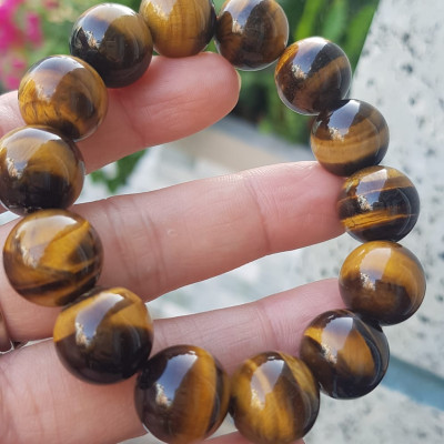 Vòng tay phong thủy Nam Đá Mắt Hổ Vàng Nâu Đậm bóng đẹp Size 4mm hay 14li gồm 14 hạt Hợp nam mệnh thổ mệnh kim ạ