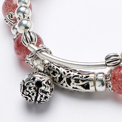 Vòng 2 line đá thạch anh dâu phối charm bạc mệnh hỏa, thổ - Ngọc Quý Gemstones