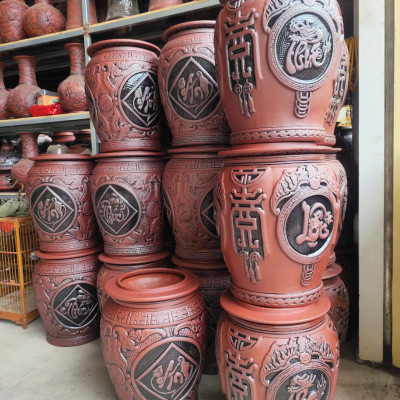 Hũ Sành Đựng Gạo Mẫu Nắp Nhọn Tài Lộc Điêu Khắc Hoa Văn GSBT