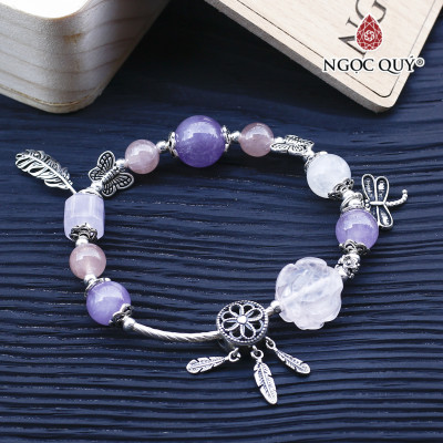 vòng thạch anh hồng phối thạch anh tím ngọc charm bạc - Ngọc Quý Gemstones