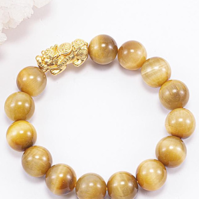 Vòng Tay Phong Thủy Đá Mắt Hổ Vàng Tâm Phối Charm Tỳ Hưu Mạ Vàng 24K (12mm) Mệnh Thổ, Kim Ngọc Quý Gemstones