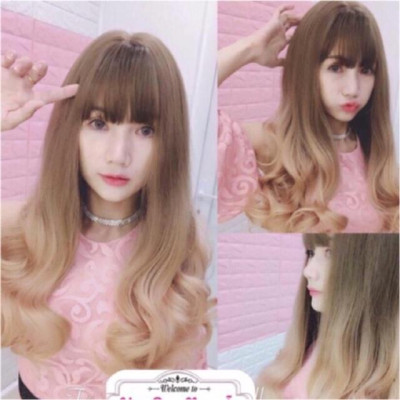 Tóc giả nguyên đầu️ vàng kim ombre nâu vàng- tặng lưới chùm tóc