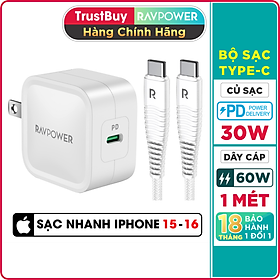 Bộ Củ Sạc Nhanh Type C 30W Cho iPhone 15, iP16, Cho SamSung RAVPower RP-PC120 Và Cáp Type C to C RP-CB047 - Hàng Chính Hãng
