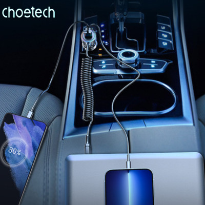Tẩu sạc Choetech TC0030 nhanh ô tô 65W  tích hợp thêm dây cáp sạc lò xo Type C (Hàng chính hãng)
