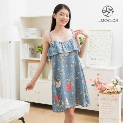 Đầm 2 dây tencel phối bèo LMcation Autumn - hoa lá xanh