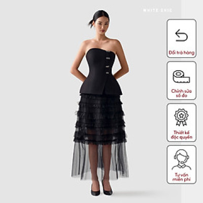 Set áo cúp ngực dáng peplum kết hợp cùng chân váy lưới xòe Alva thiết kế cao cấp WHITE CHIC