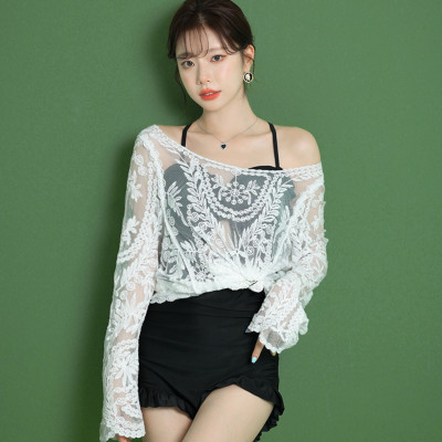 Áo ren lưới đi biển mặc khoác ngoài bikini dài tay dáng chui đầu chống nắng