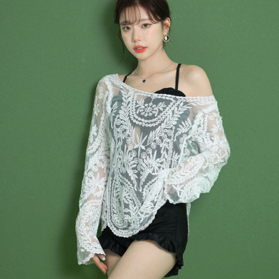 Áo ren lưới đi biển mặc khoác ngoài bikini dài tay dáng chui đầu chống nắng