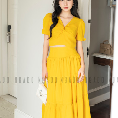 Set áo váy vàng NGADO , set đồ nữ , Set áo kèm chân váy xòe , Set đồ nữ thiết kế