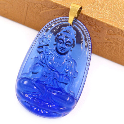 Mặt Phật Đại Thế Chí Bồ Tát pha lê xanh dương 5cm - phật bản mệnh tuổi Ngọ - Móc inox