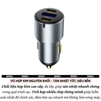 Tẩu củ sạc nhanh 60W cho xe hơi ô tô 2 PD3.0 Type- C + USB-A QC3.0 hiệu WIWU Nano Pro cho iphone 17 16 15 14 13 12 iPad Vivo Oppo samsung cho Macbook - hàng nhập khẩu