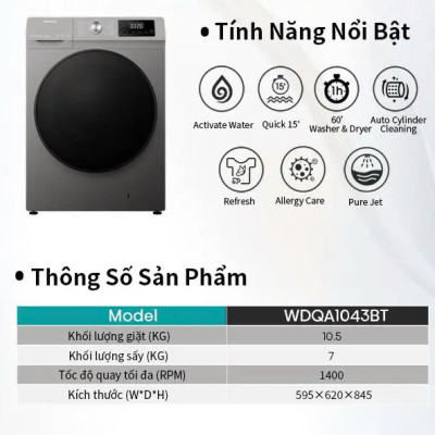 Máy giặt Hisense Inverter cửa ngang WFQA1043BT 10.5kg diệt khuẩn 99%, tiết kiệm điện, bảo hành 3 năm - HÀNG CHÍNH HÃNG